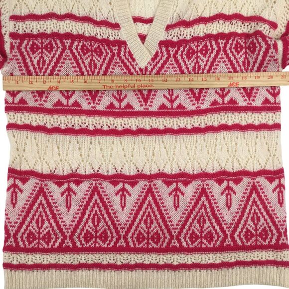 Sundance Brixen Fair Isle V-Neck Sweater Size M Wool Blend Pointelle Pink White - Picture 15 of 16